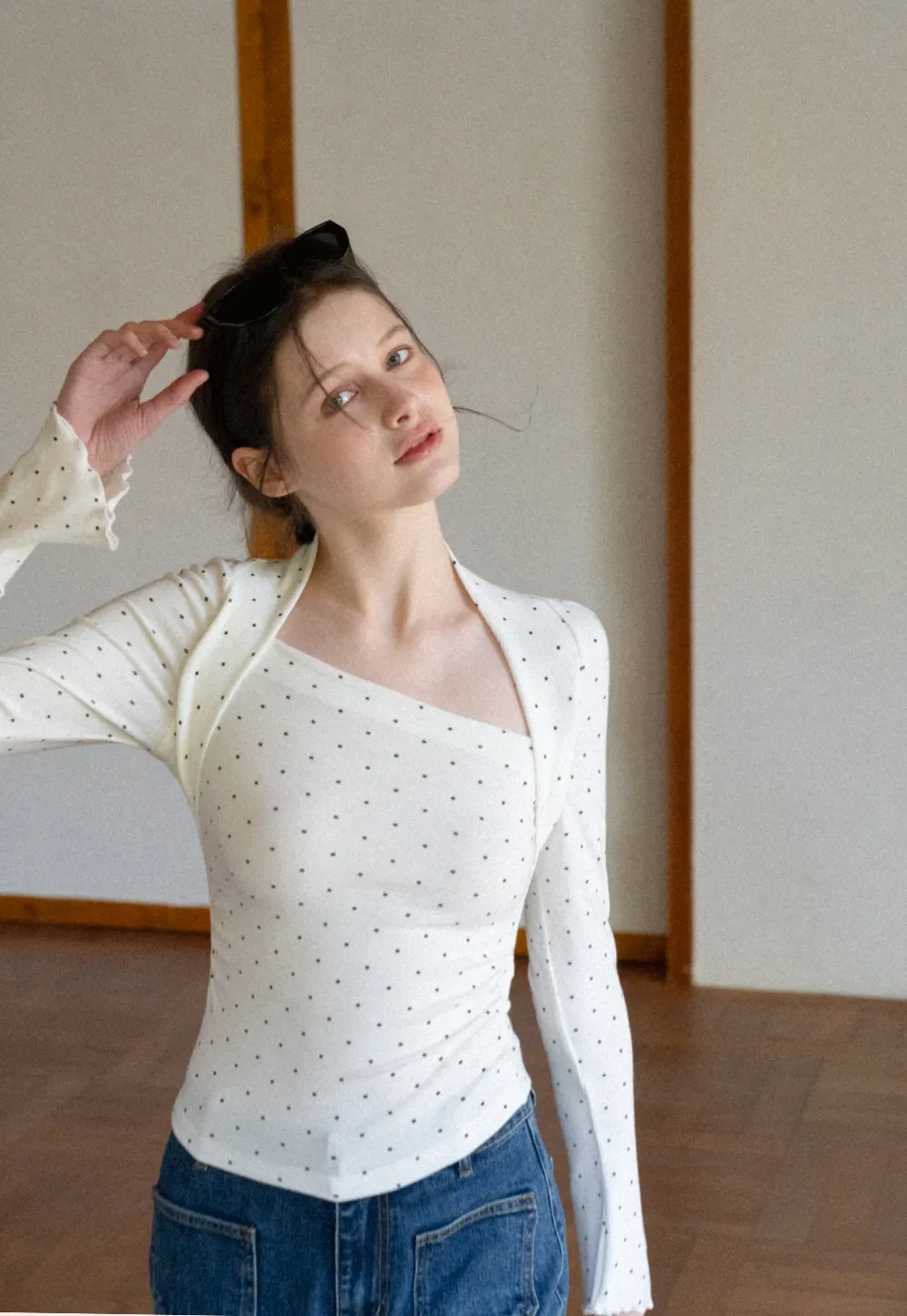 Polka dot long sleeve top with square neckline