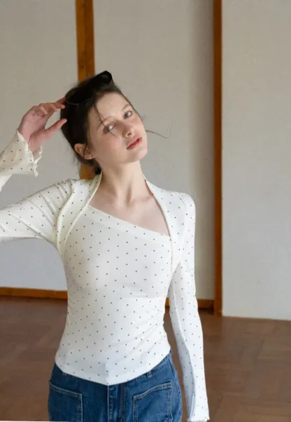 Polka dot long sleeve top with square neckline