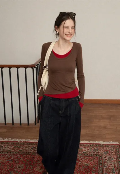 Long Sleeve Round Neck Top Simple Design Women's T-Shirt