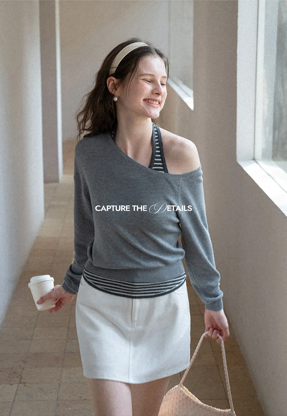 Off Shoulder Long Sleeve Knit Sweater with Striped Trim