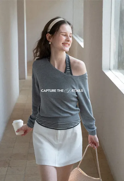 Off Shoulder Long Sleeve Knit Sweater with Striped Trim