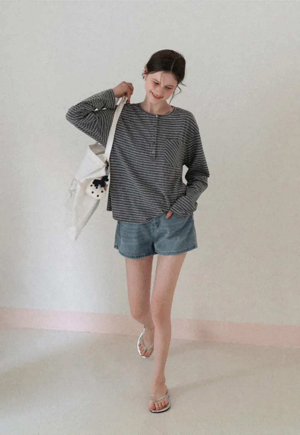 Long sleeve striped henley shirt with chest pocket