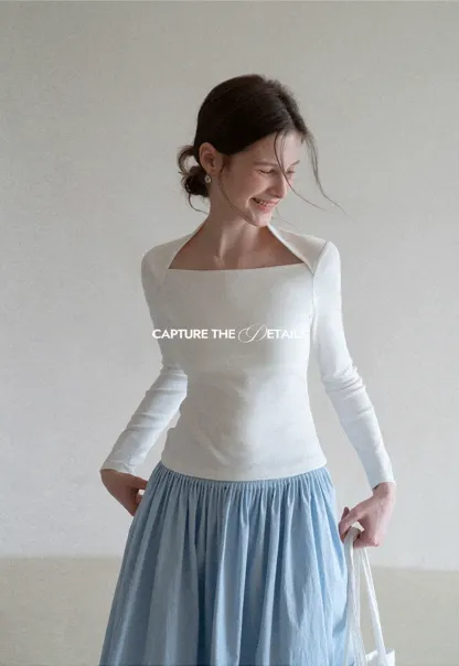 square neck long sleeve top fitted design women's t shirt