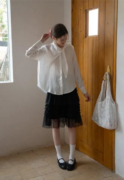 Ribbed Long Sleeve Shirt with Tie Neck Detail