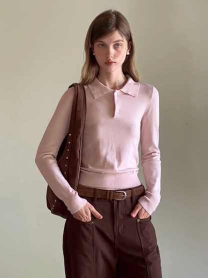 Women Soft Knit Polo Sweater Long Sleeve Pullover