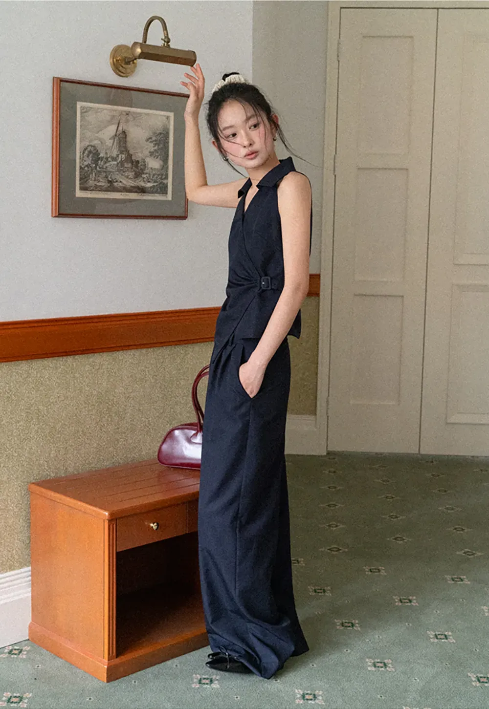 Sleeveless Collared Top with Wrap Detail and Wide Leg Pants