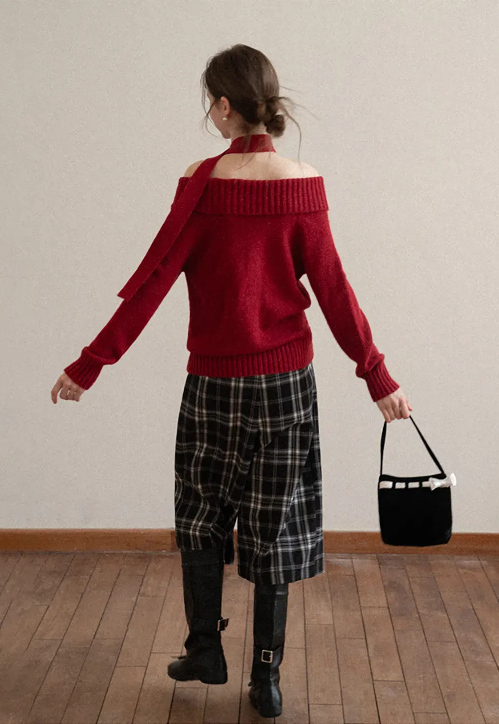Elegant High Neck Knit Sweater with Tie Detail