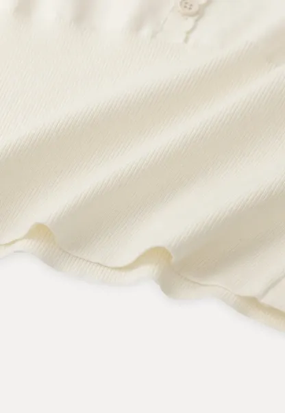 Short Sleeve Knit Top with Lace Trim and Button Placket