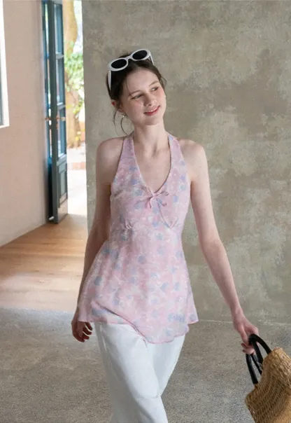 Woolen knit sweater with tie front and floral tank top