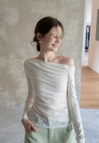 Off shoulder long sleeve top with lace trim