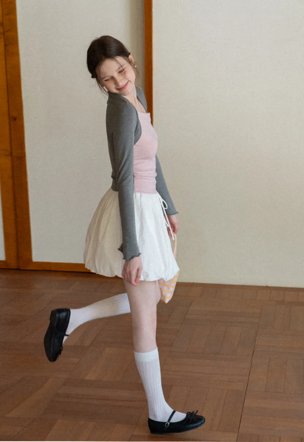 Polka dot long sleeve top with square neckline