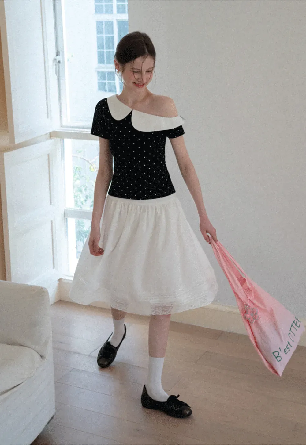 Polka dot short sleeve top with Peter Pan collar