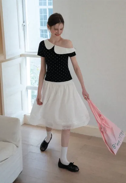 Polka dot short sleeve top with Peter Pan collar