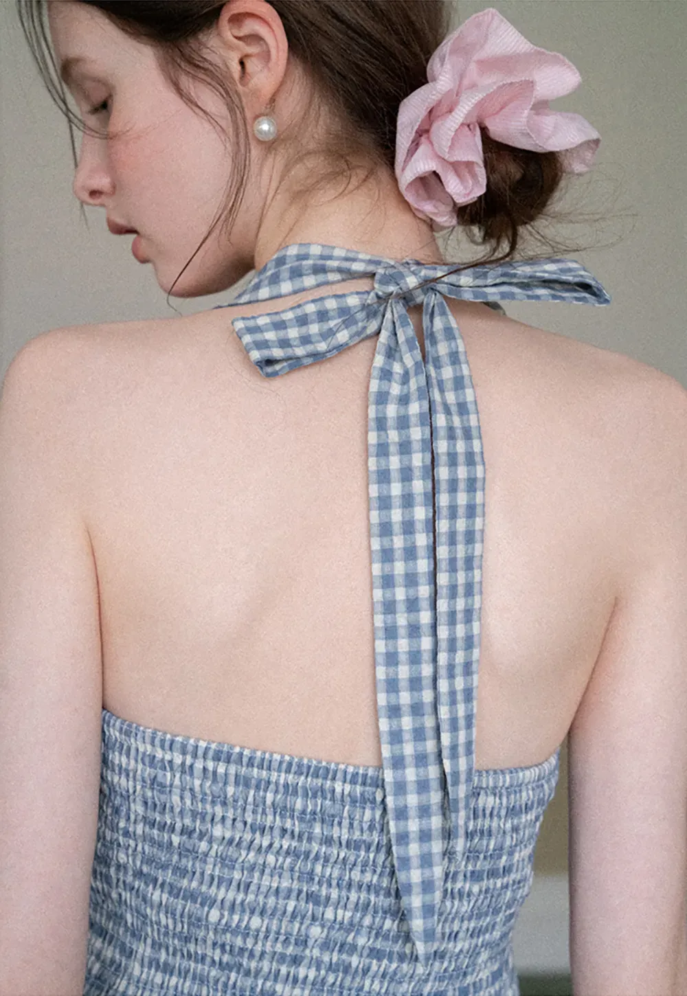 Gingham Halter Neck Peplum Top