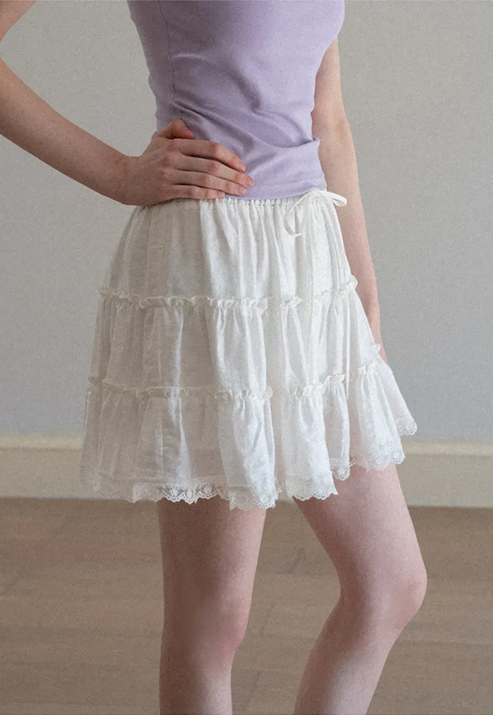 Tiered lace hem drawstring waist skirt