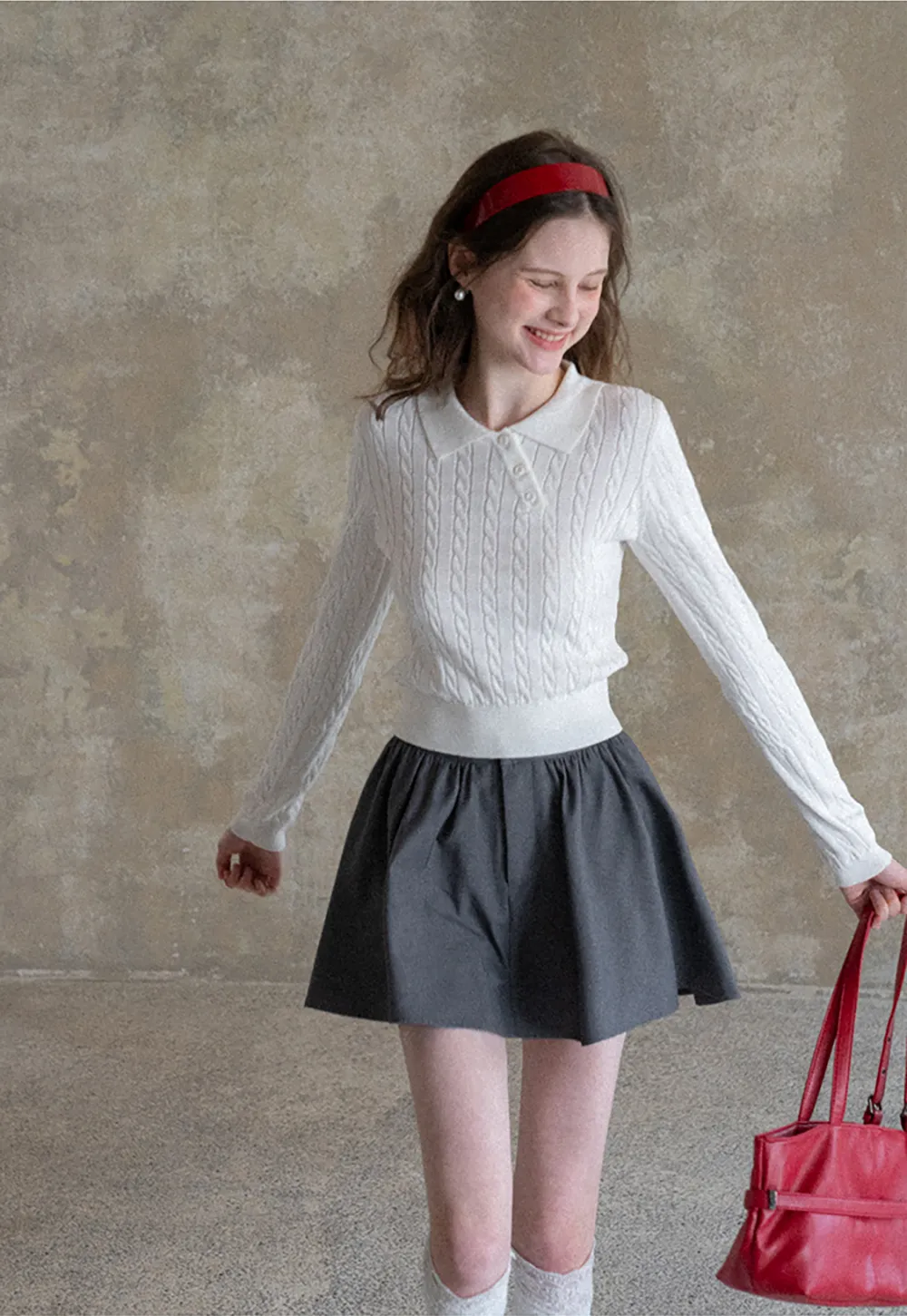 Cable Knit Long Sleeve Polo Neck Cropped Sweater