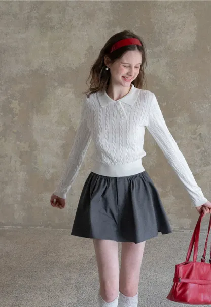 Cable Knit Long Sleeve Polo Neck Cropped Sweater