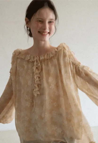 Lace Chiffon Blouse with Ruffled Neck and Sleeves