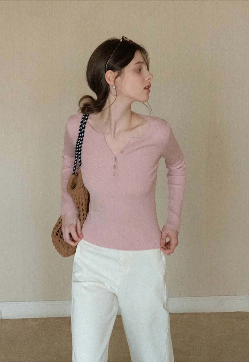 Elegant Henley Knit Top with Button Detail