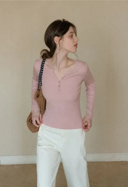 Elegant Henley Knit Top with Button Detail