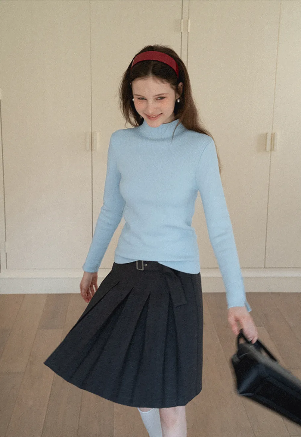 Elegant High Neck Knit Sweater with Button Detail Sleeve