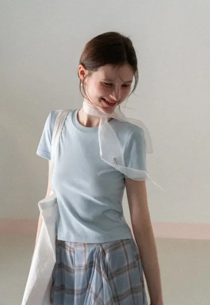 Short Sleeve Crew Neck T Shirt with Sheer Scarf Detail