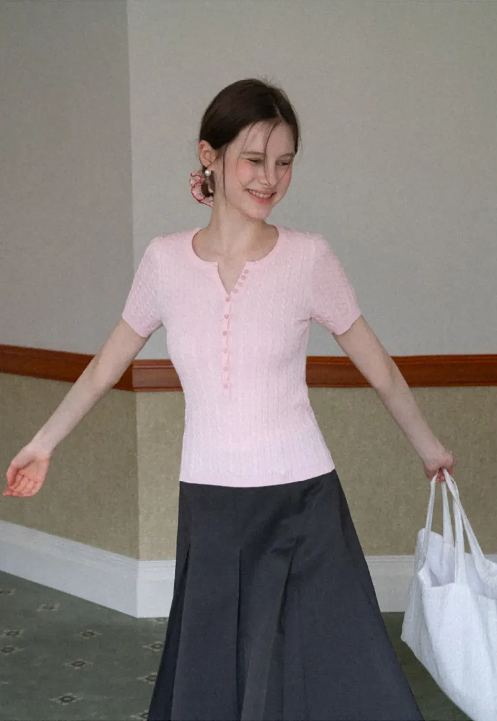 Cable Knit Short Sleeve V Neck Sweater