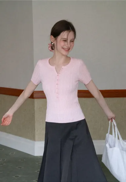 Cable Knit Short Sleeve V Neck Sweater