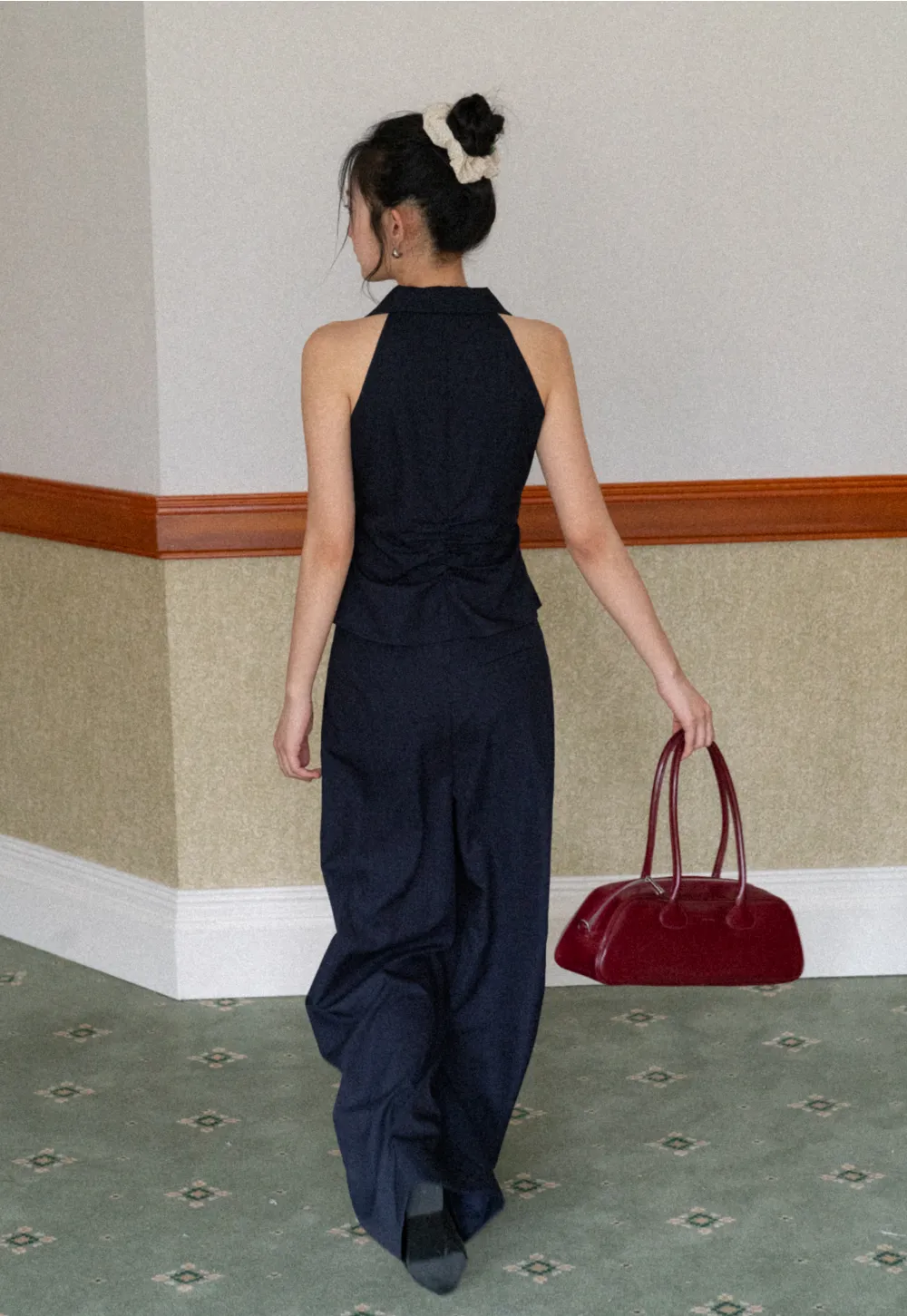 Sleeveless Collared Top with Wrap Detail and Wide Leg Pants