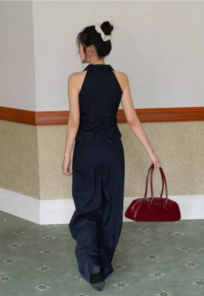 Sleeveless Collared Top with Wrap Detail and Wide Leg Pants