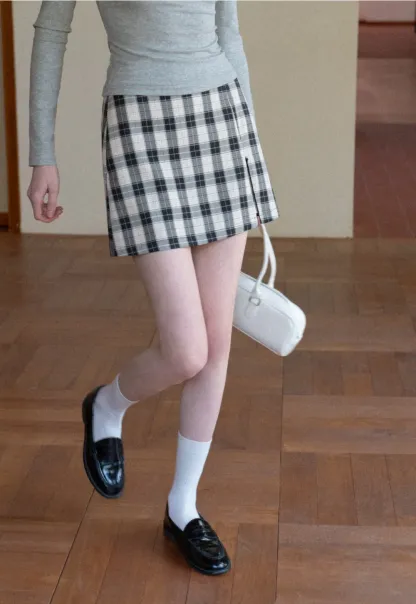 Plaid Skirt with Front Slit