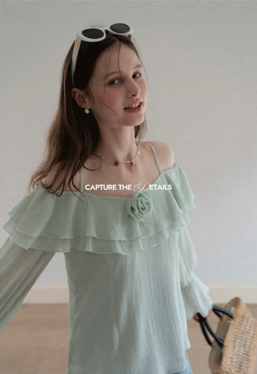 Off Shoulder Blouse with Ruffled Layers and Floral Embellishment