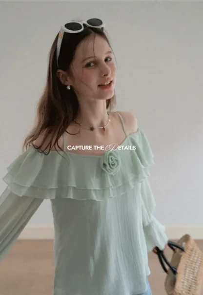 Off Shoulder Blouse with Ruffled Layers and Floral Embellishment