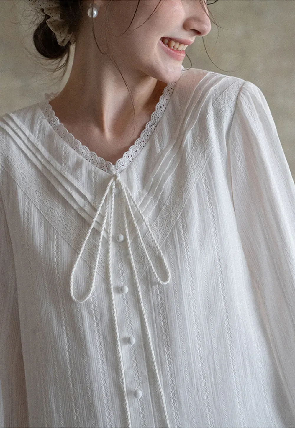 V neck long sleeve tiered dress with lace trim