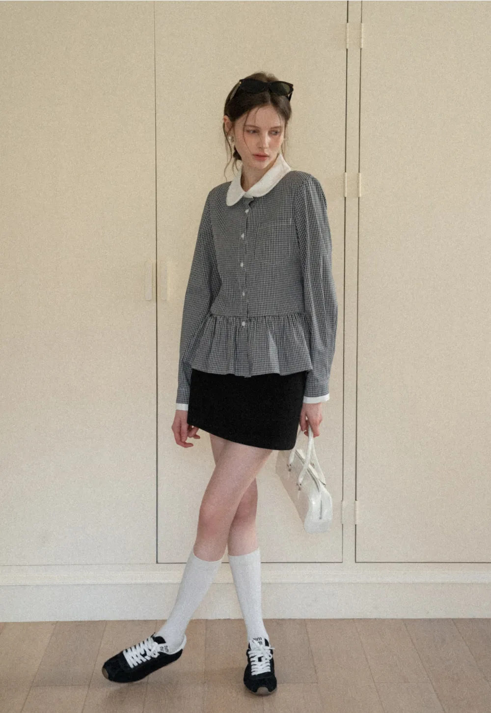 Peplum Gingham Collar Shirt with Flared Hem