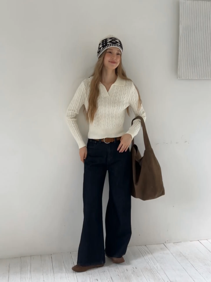 Women Cable Knit Polo Sweater Long Sleeve Slim Fit Pullover