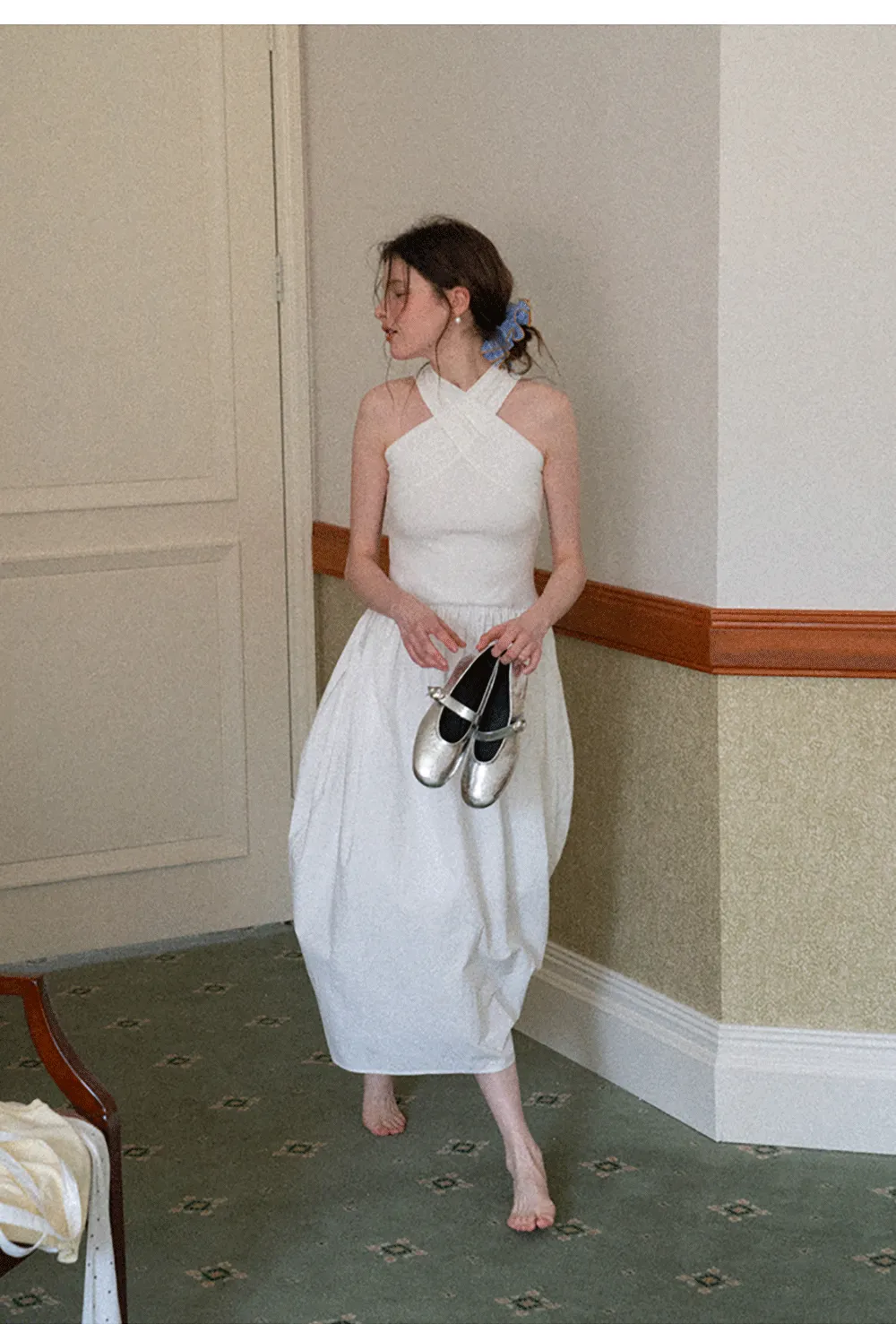 Halter Neck A Line Midi Dress with Pleated Skirt