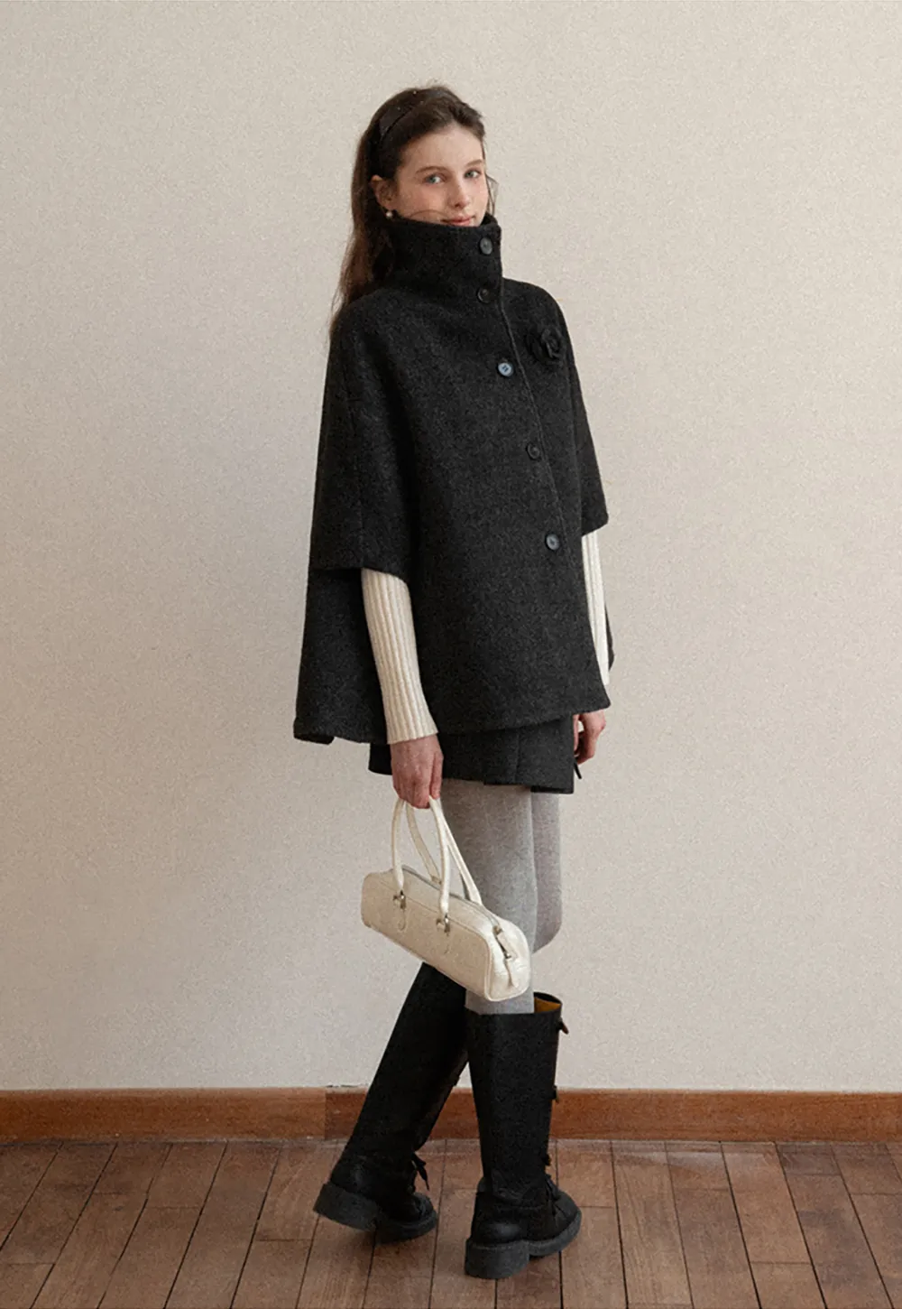 Wool Cape with High Neck Design
