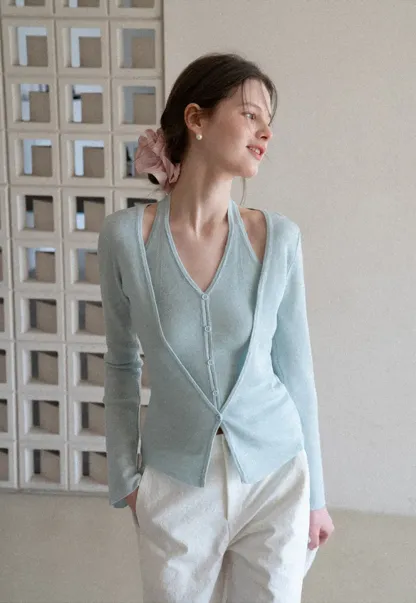 V neck long sleeve knit cardigan with open shoulders