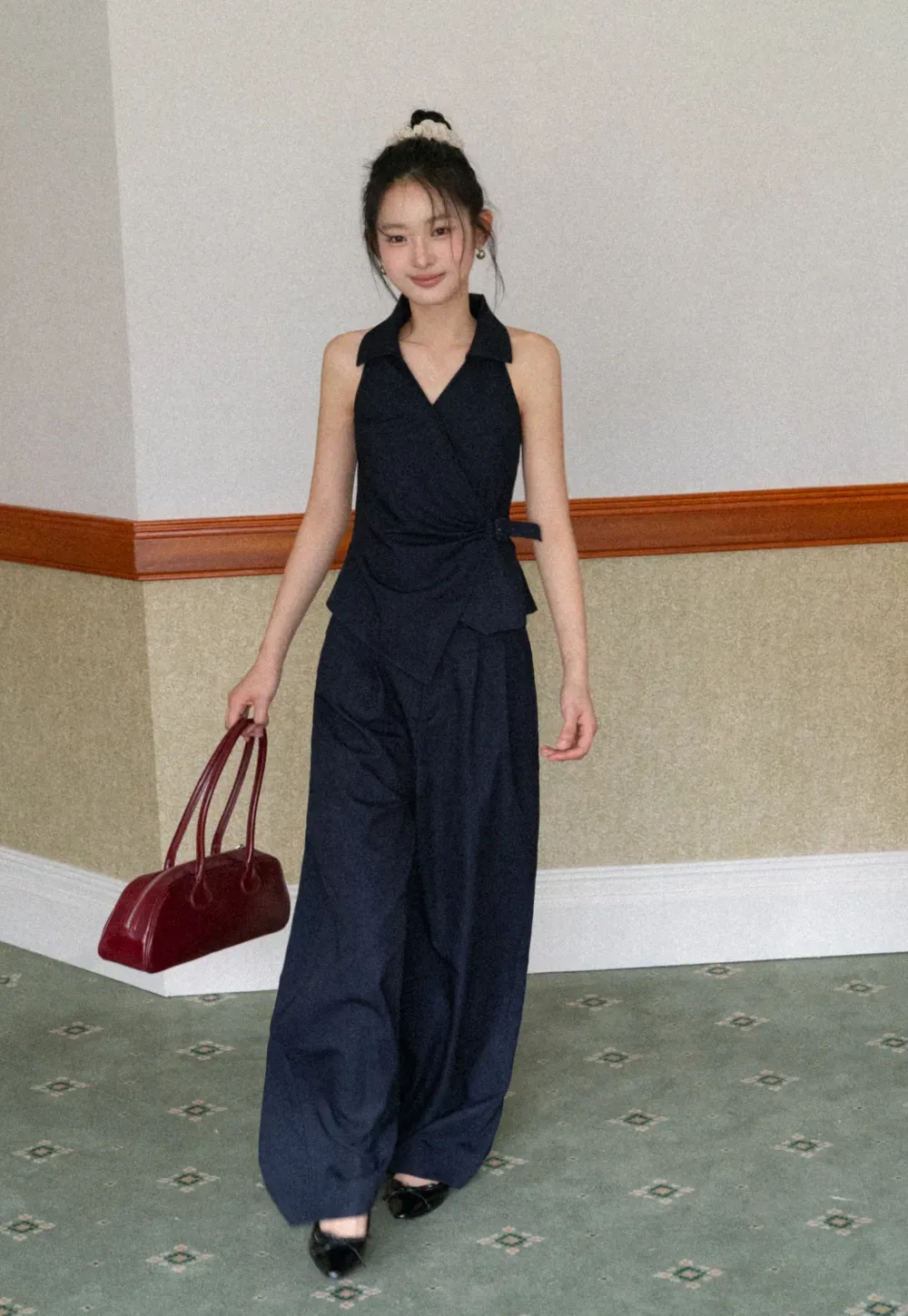 Sleeveless Collared Top with Wrap Detail and Wide Leg Pants