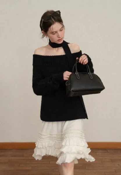 Elegant High Neck Knit Sweater with Tie Detail