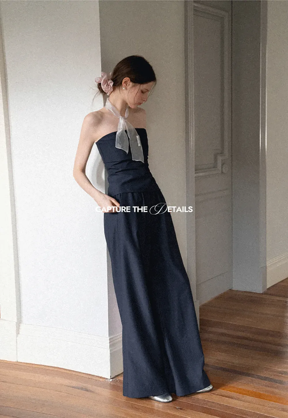 Strapless top with sheer neck tie and loose fit pants