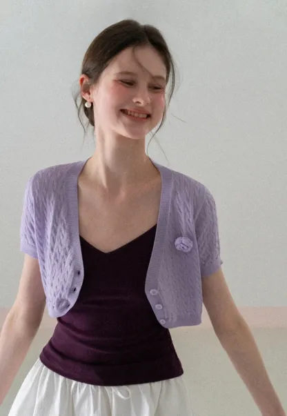 Short Sleeve Cable Knit Cardigan with Button Closure