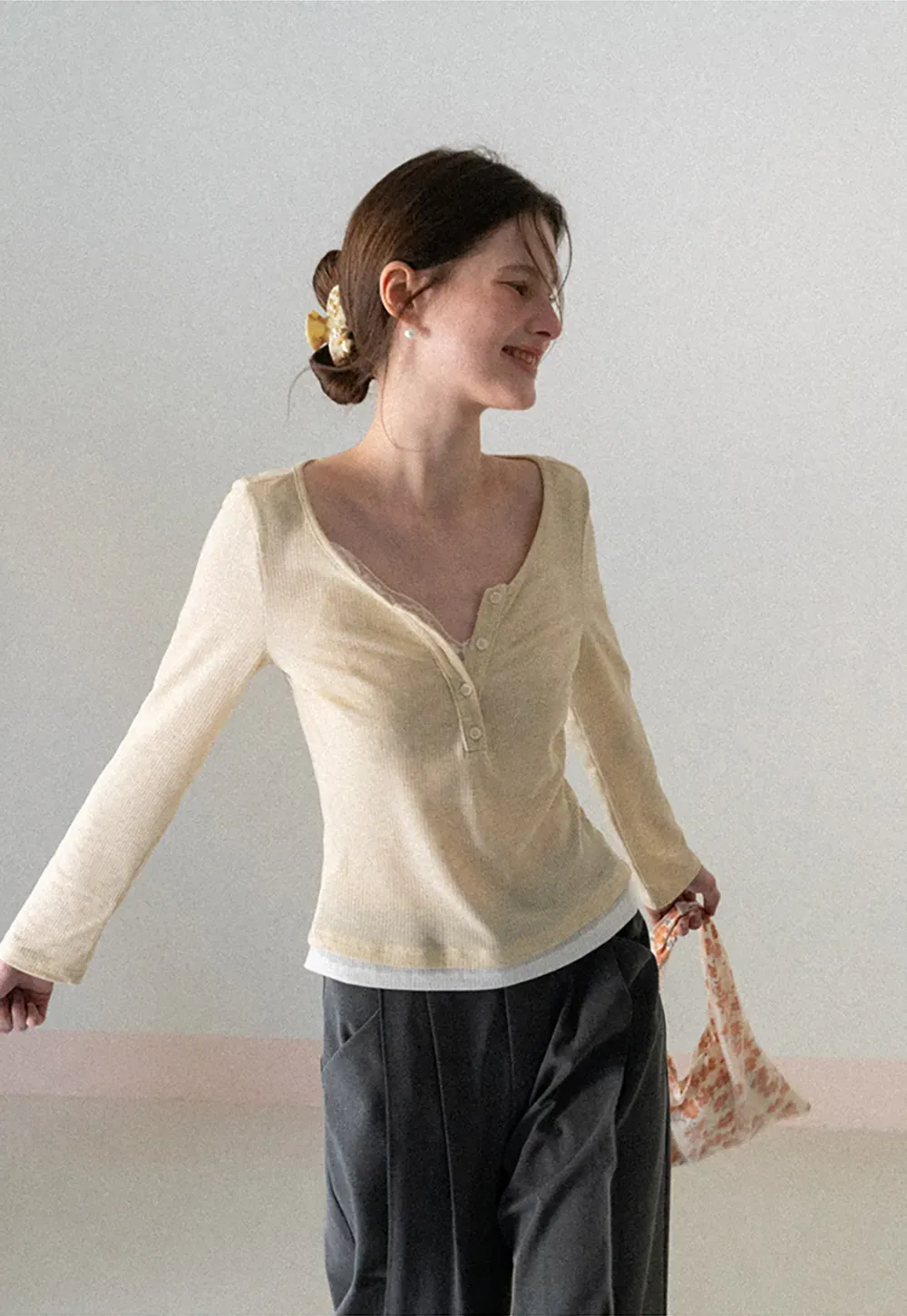 Long sleeve ribbed crop top with square neckline