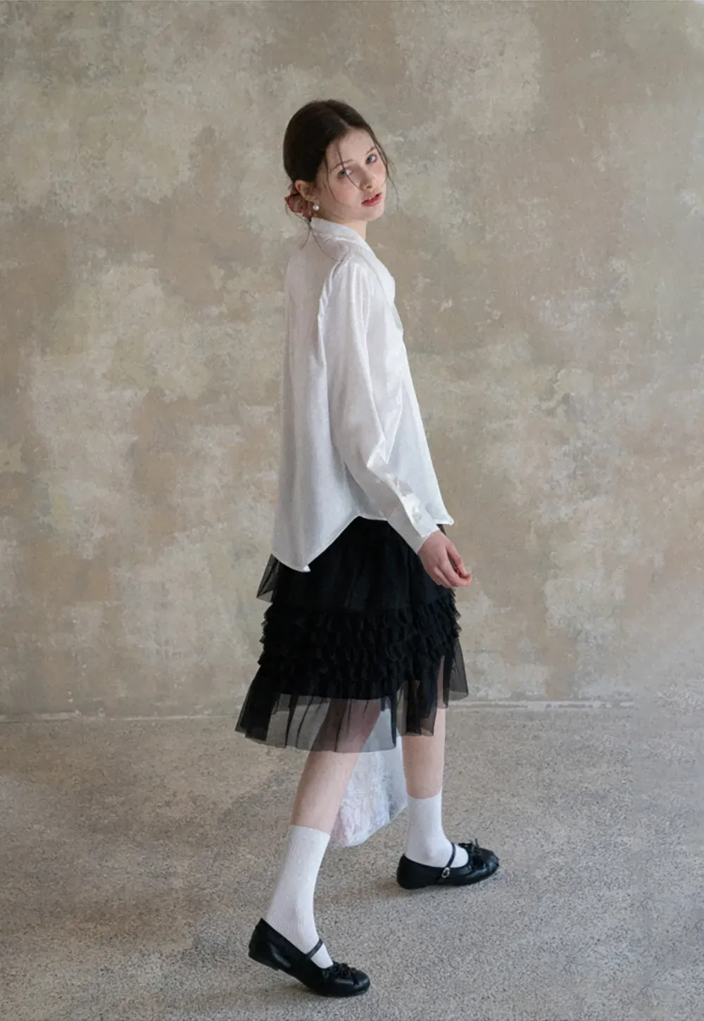 Ribbed Long Sleeve Shirt with Tie Neck Detail