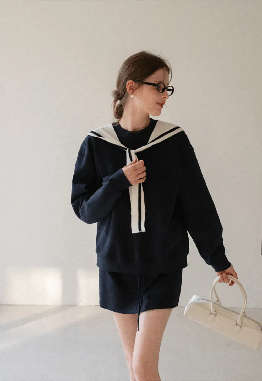 Sailor collar sweatshirt scarf shawl skirt set
