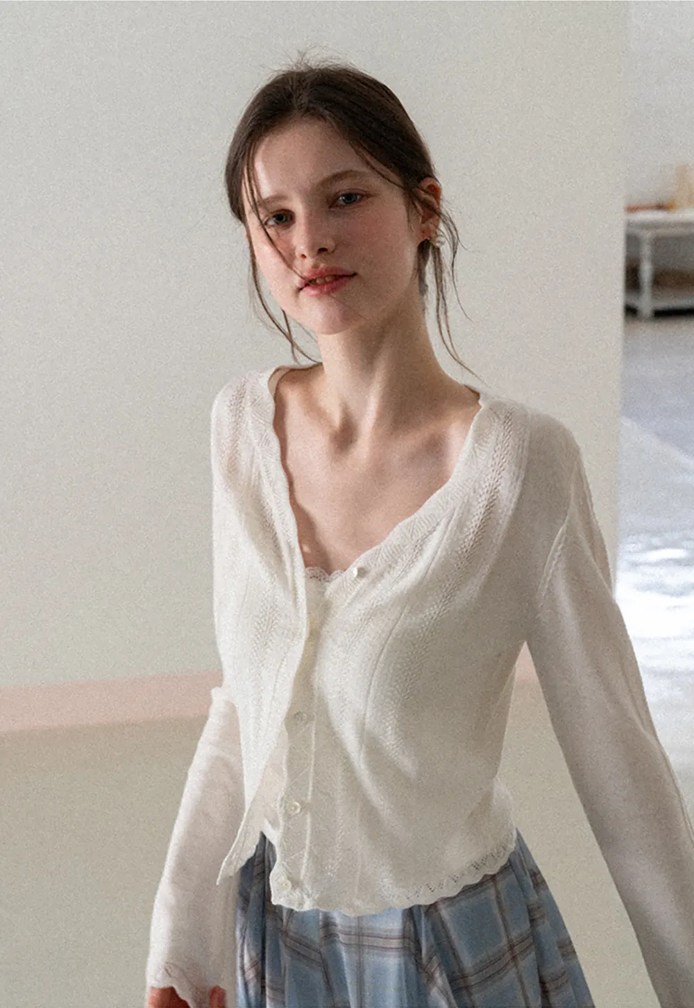 Long Sleeve Knit Sweater with Lace Trim