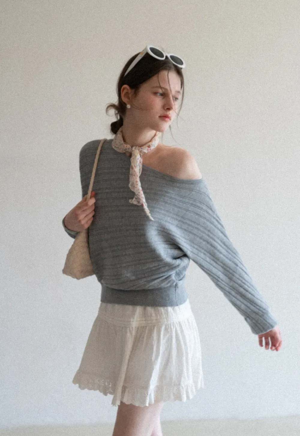 Ribbed knit sweater with wide neckline and long sleeves