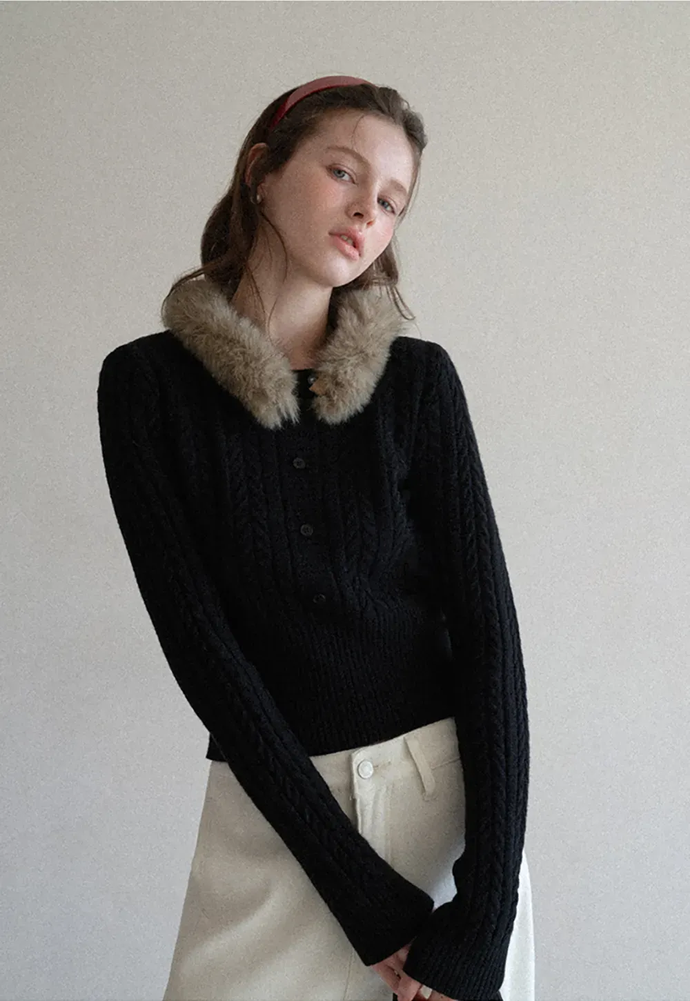 Cable Knit Sweater with Fur Collar Design