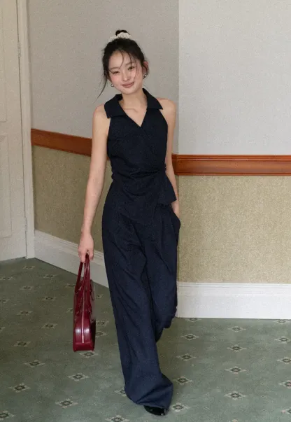 Sleeveless Collared Top with Wrap Detail and Wide Leg Pants